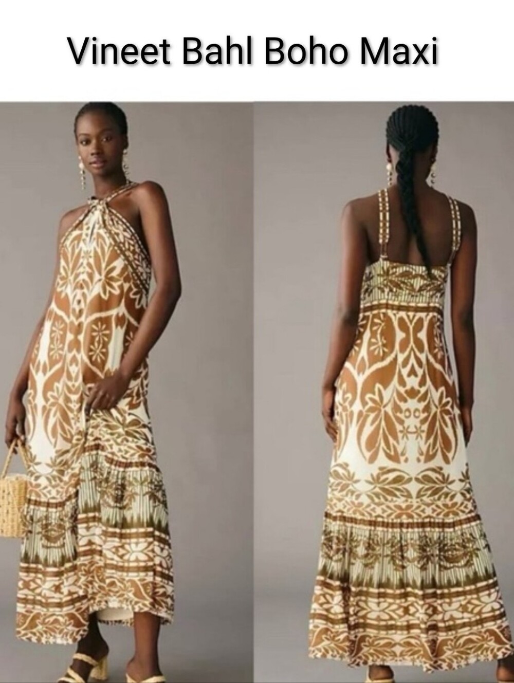 Vineet Bahl Boho Maxi Dress in Brown & White/Beige - Small - Convertible straps
